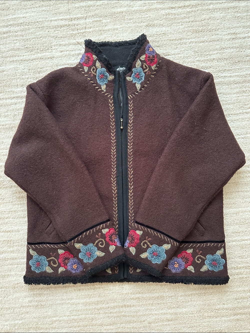Icelandic Design Embroidered Floral Trim Brown Wool Jacket Full Zip Lined Medium